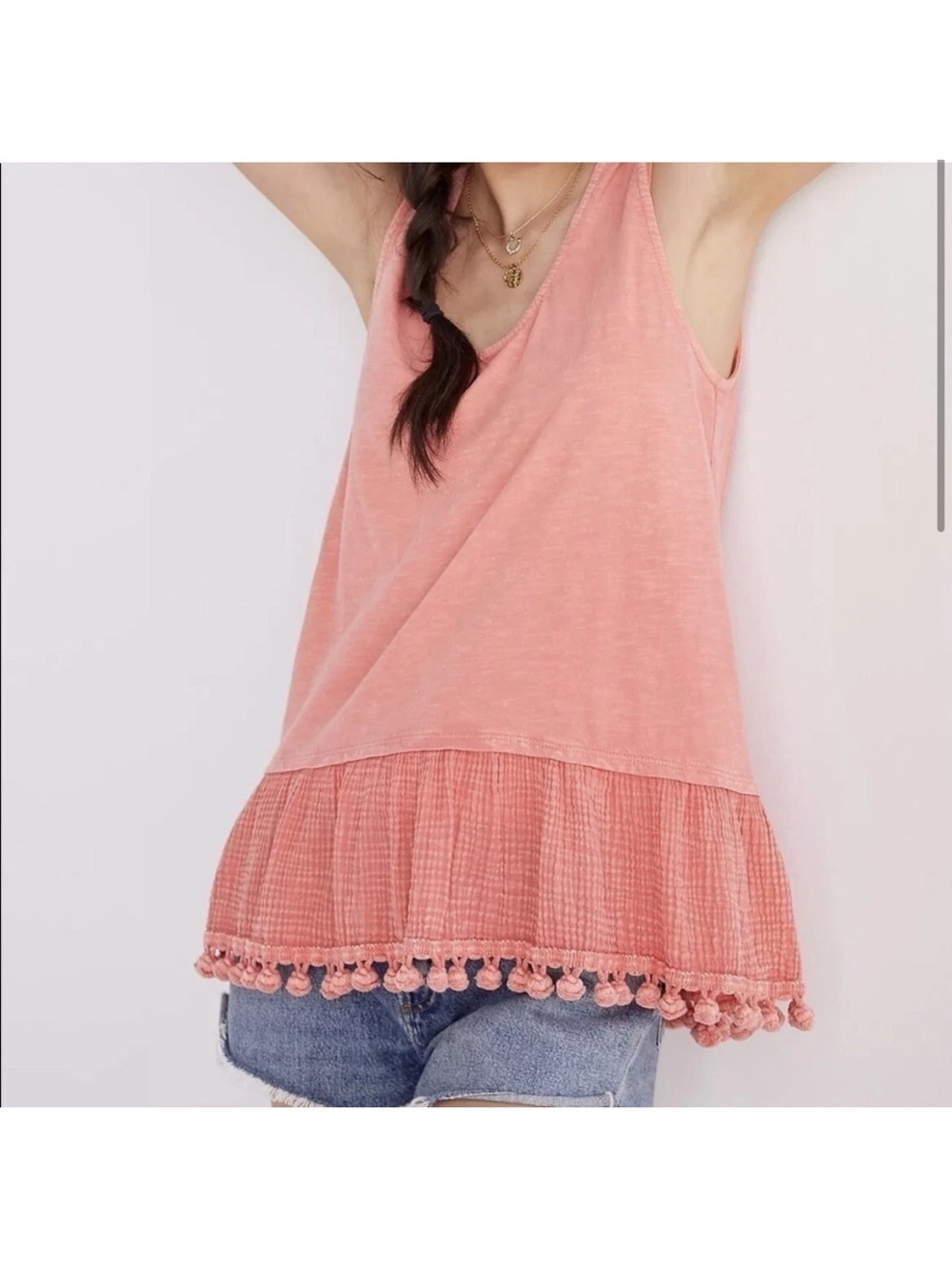 Eri + Ali Anthropologie Coral Pom Pom Hem Tank Top Small Boho Cotton